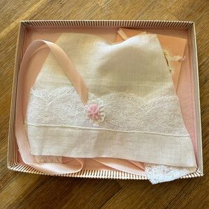 Vintage Nasharr Creation Lace Baby Bonnet with Pink Ribbon